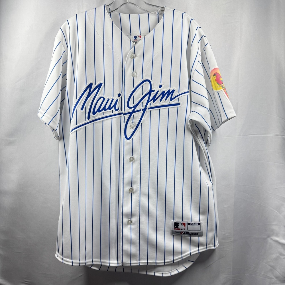 Maui Jim MLB Hat Jersey Mens Medium White Blue Pinstripe Parrot Majestic 2008